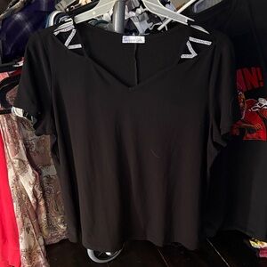 Fashion Bug Black V-Neck Top with Embellished Shoulders